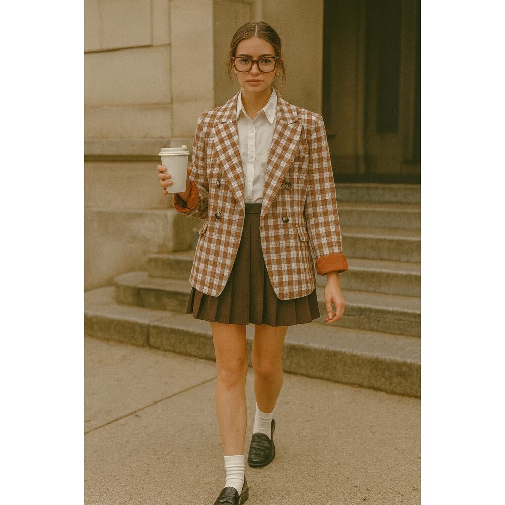 Nine West Checkered Brown Plaid Blazer Espresso Officewear XS — Double-Breasted